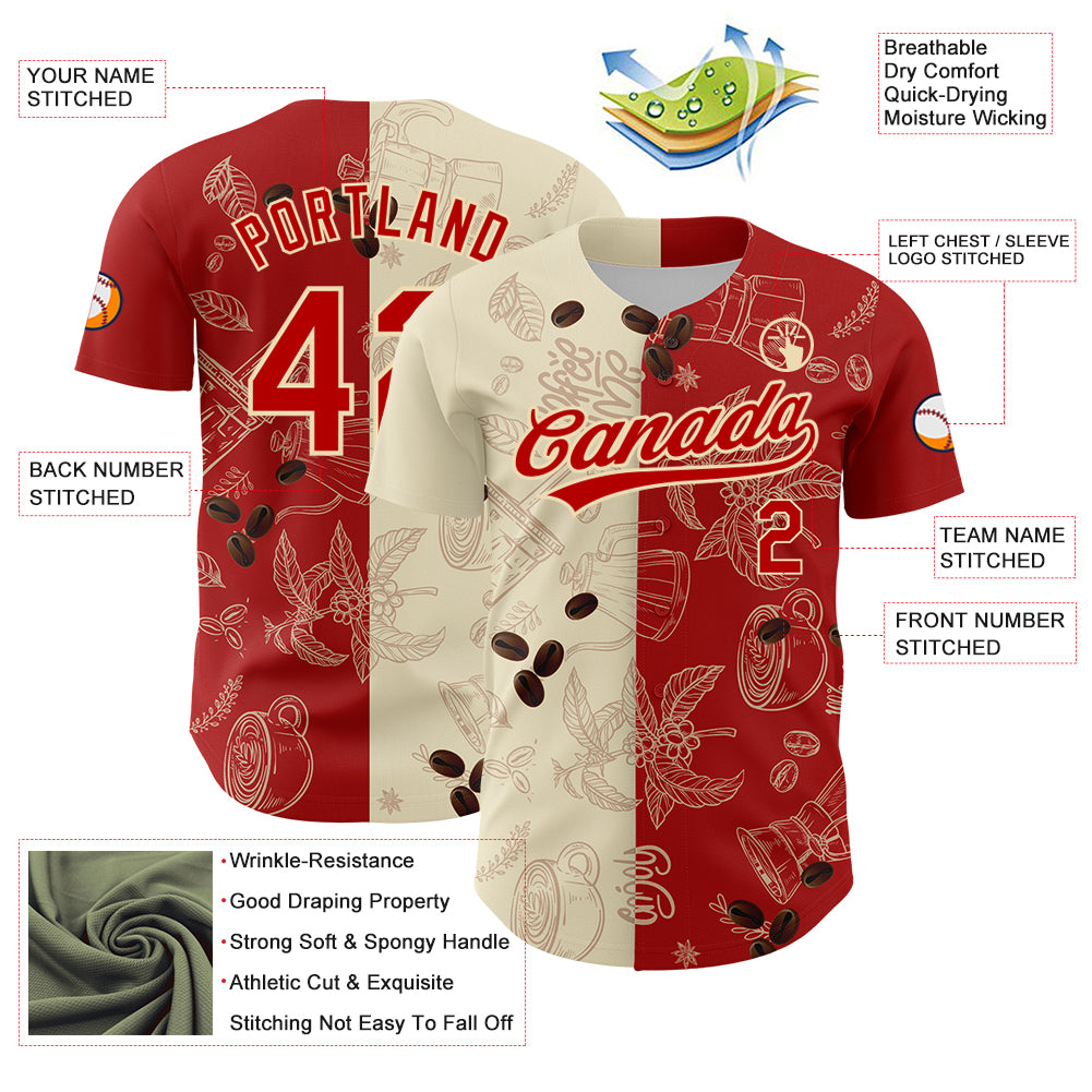 Personalized Cream Red 3D Pattern Design International Coffee Day Authentic Baseball Jersey Team Custom Name and Number Custom Name and Number Baseball Jersey for International Coffee Day - Personalized 3D Pattern in Cream and Red Personalized - Image 3
