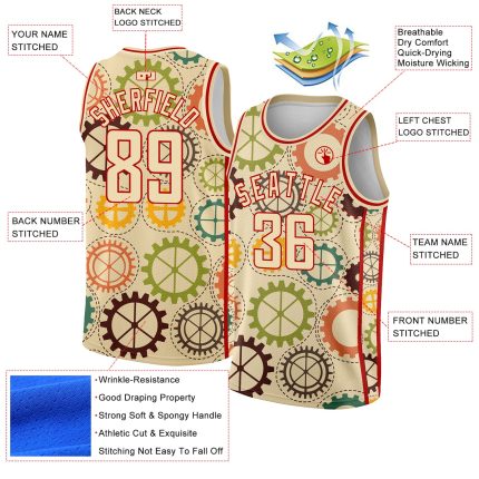 Custom Cream Red 3D Vintage Gears Basketball Jersey for Men and Women Personalized Cream Red 3D Vintage Gears Basketball