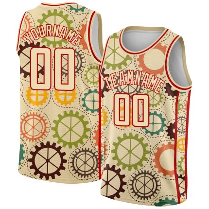 Custom Cream Red 3D Vintage Gears Basketball Jersey for Men and Women Personalized Cream Red 3D Vintage Gears Basketball