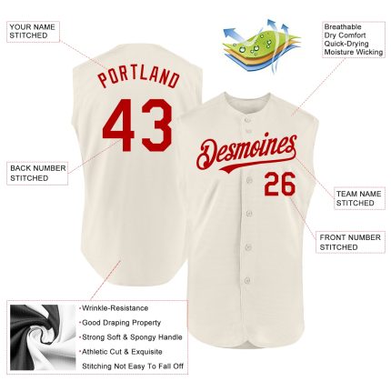 Custom Name and Number Personalized Cream Red Baseball Jersey Sleeveless Authentic Team Wear Personalized Cream Red Authentic