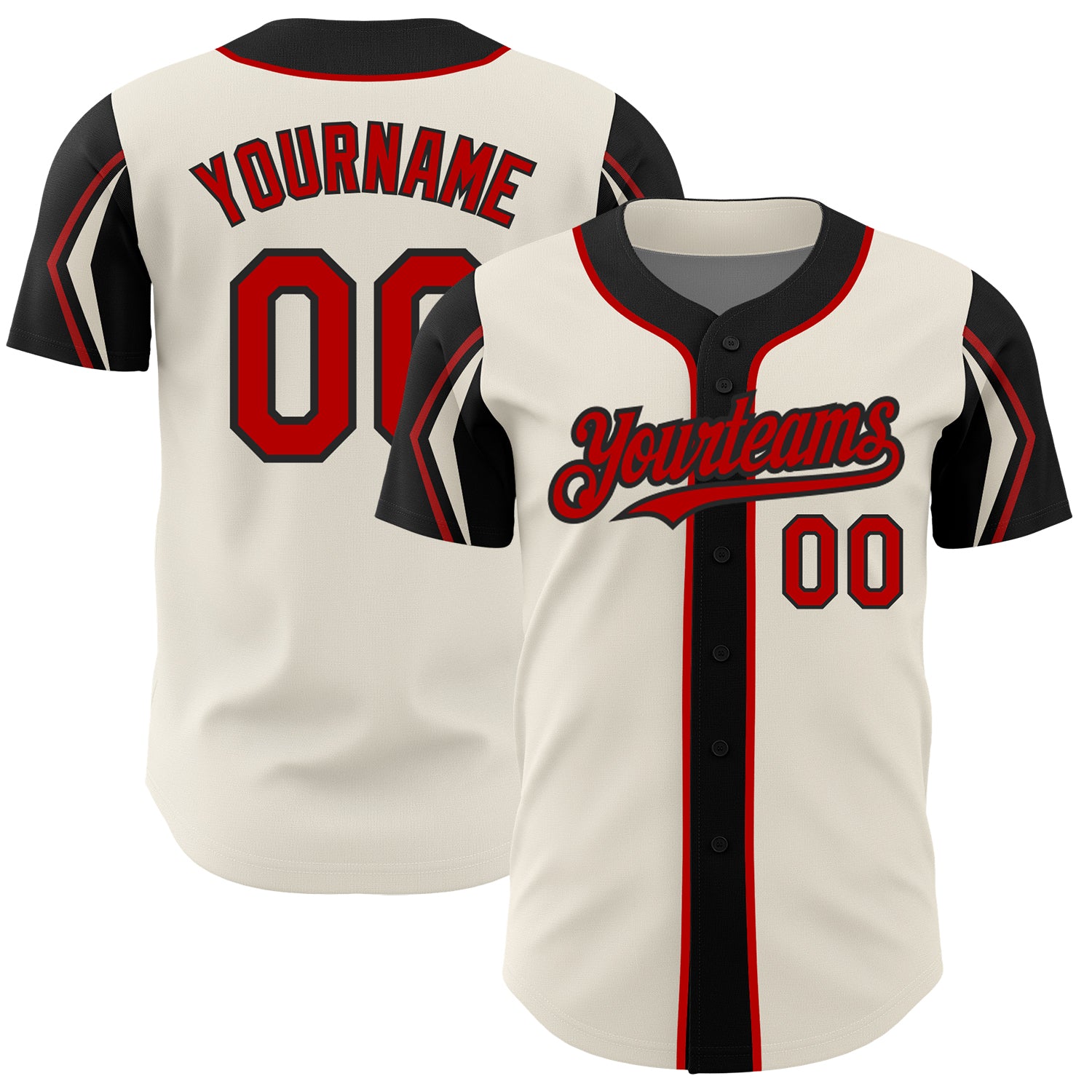 Personalized Baseball Jersey in Cream Red-Black 3 Colors with Unique Arm Shapes Personalized Cream Red-Black 3 Colors Arm