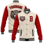 Personalized 3D Varsity Letterman Jacket in Cream Red-Black, Full-Snap Bomber Design Personalized Cream Red-Black 3D Bomber