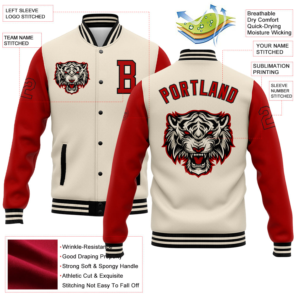 Personalized 3D Varsity Letterman Jacket in Cream Red-Black, Full-Snap Bomber Design Personalized Cream Red-Black 3D Bomber - Image 5