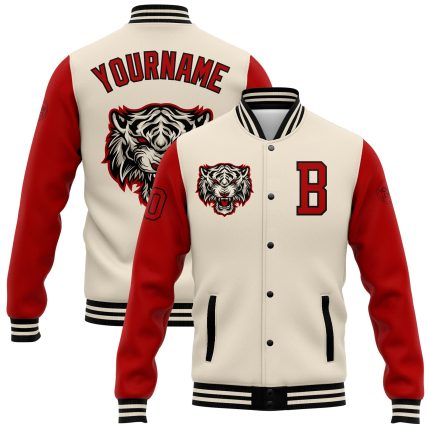 Custom 3D Pattern Personalized Bomber Varsity Jacket with Name and Number - Cream Red-Black Full-Snap Letterman Personalized