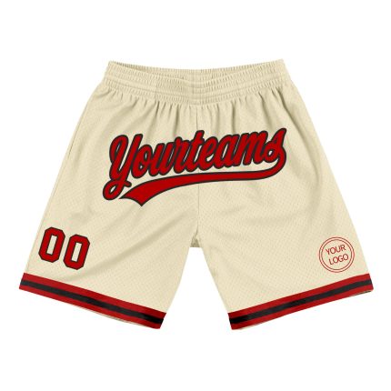 Personalized Authentic Throwback Basketball Shorts in Cream and Red-Black Personalized Cream Red-Black Authentic Throwback