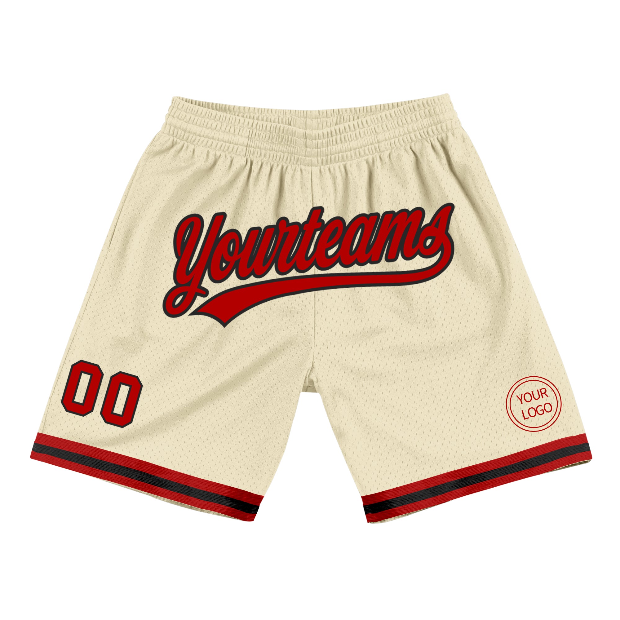 Personalized Authentic Throwback Basketball Shorts in Cream and Red-Black Personalized Cream Red-Black Authentic Throwback