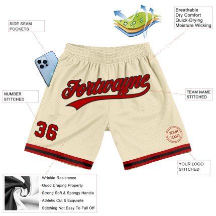 Personalized Authentic Throwback Basketball Shorts in Cream and Red-Black Personalized Cream Red-Black Authentic Throwback