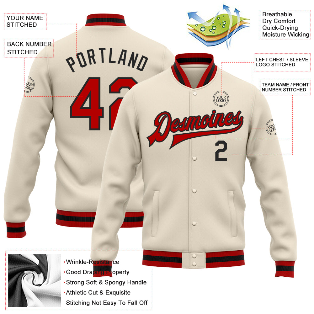 Personalized Red and Black Varsity Letterman Bomber Jacket, Custom Full-Snap Design Personalized Cream Red-Black Bomber Full-Snap - Image 5
