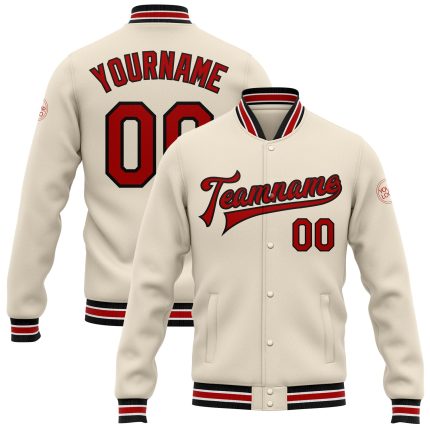 Personalized Varsity Letterman Jacket Red-Black Cream Full-Snap Bomber Personalized Cream Red-Black Bomber Full-Snap Varsity