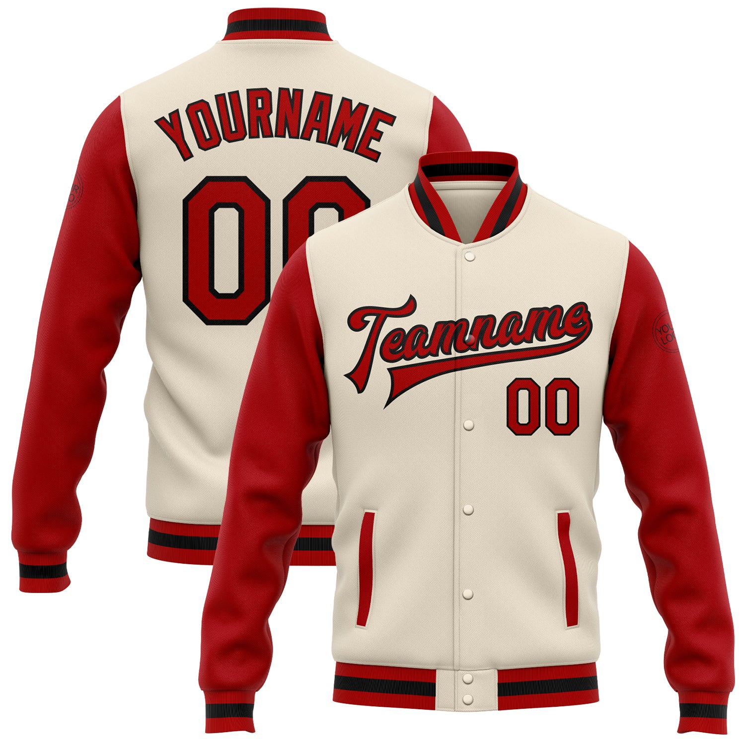 Custom Personalized Varsity Letterman Jacket - Two Tone Cream Red-Black Bomber with Name and Number Personalized Cream Red-Black