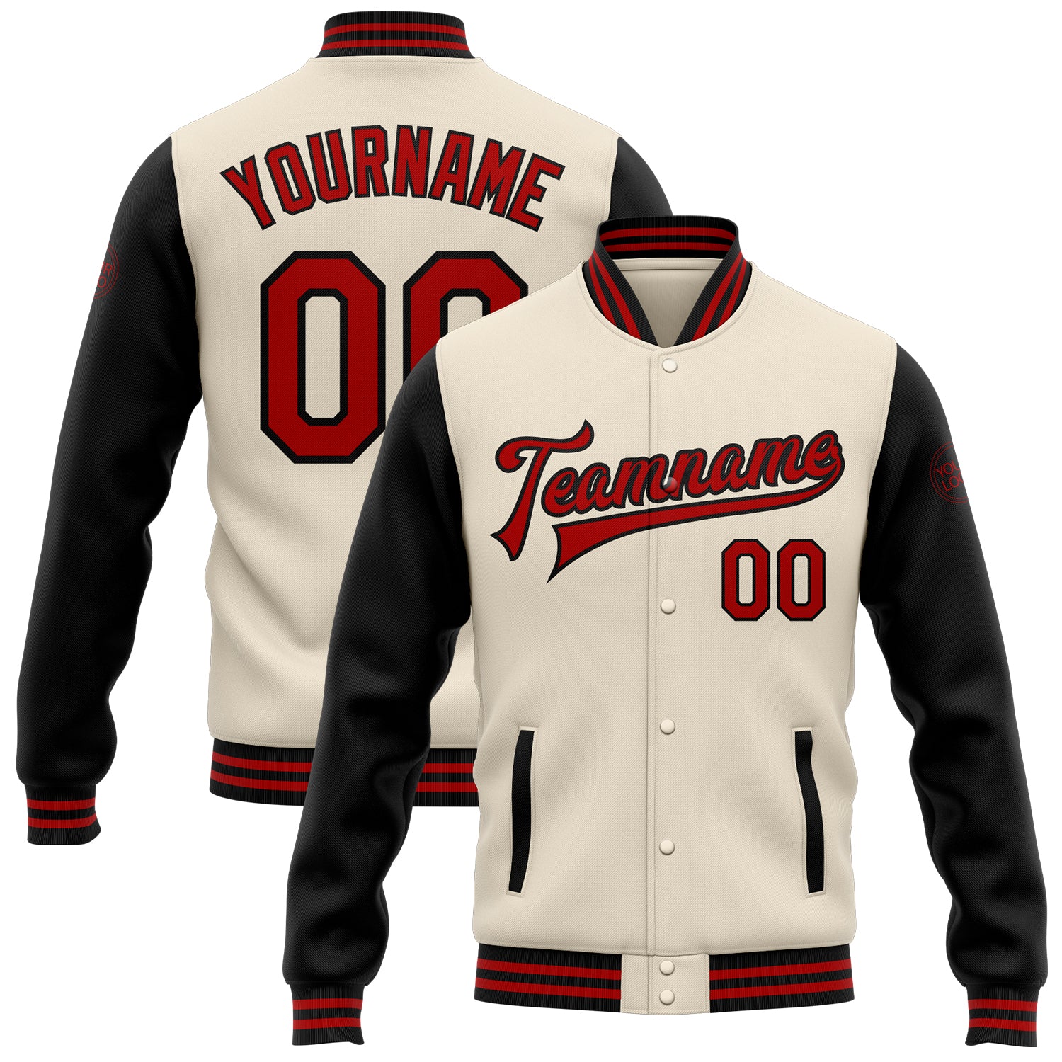 Personalized Red Black Two Tone Varsity Letterman Bomber Jacket Full-Snap Personalized Cream Red-Black Bomber Full-Snap Varsity