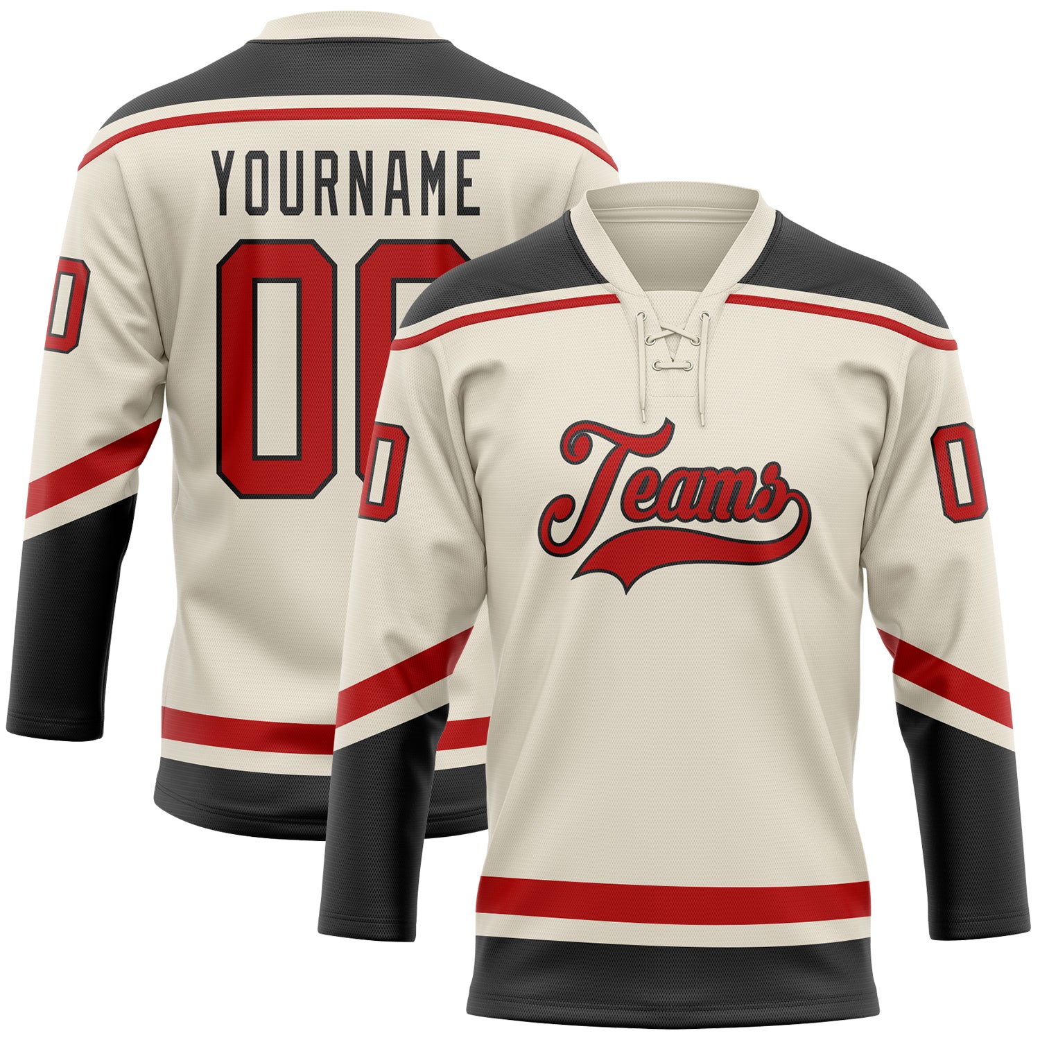 Custom Name and Number Red-Black Hockey Lace Neck Jersey - Personalized Team Jersey Personalized Cream Red-Black Hockey Lace