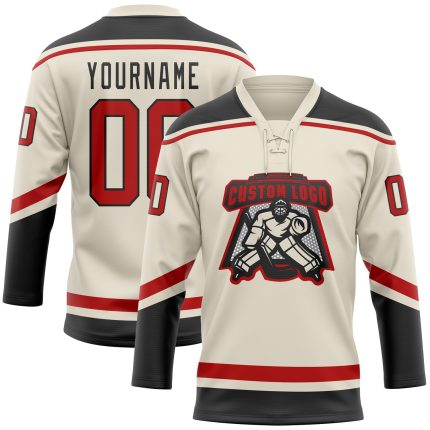 Personalized Red and Black Hockey Lace Neck Jersey - Customizable Sports Apparel Personalized Cream Red-Black Hockey Lace