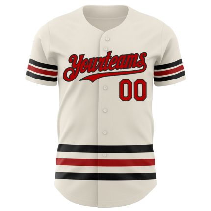 Personalized Red Black Line Baseball Jersey Cream Color Custom Sports Wear Personalized Cream Red-Black Line Baseball Jersey