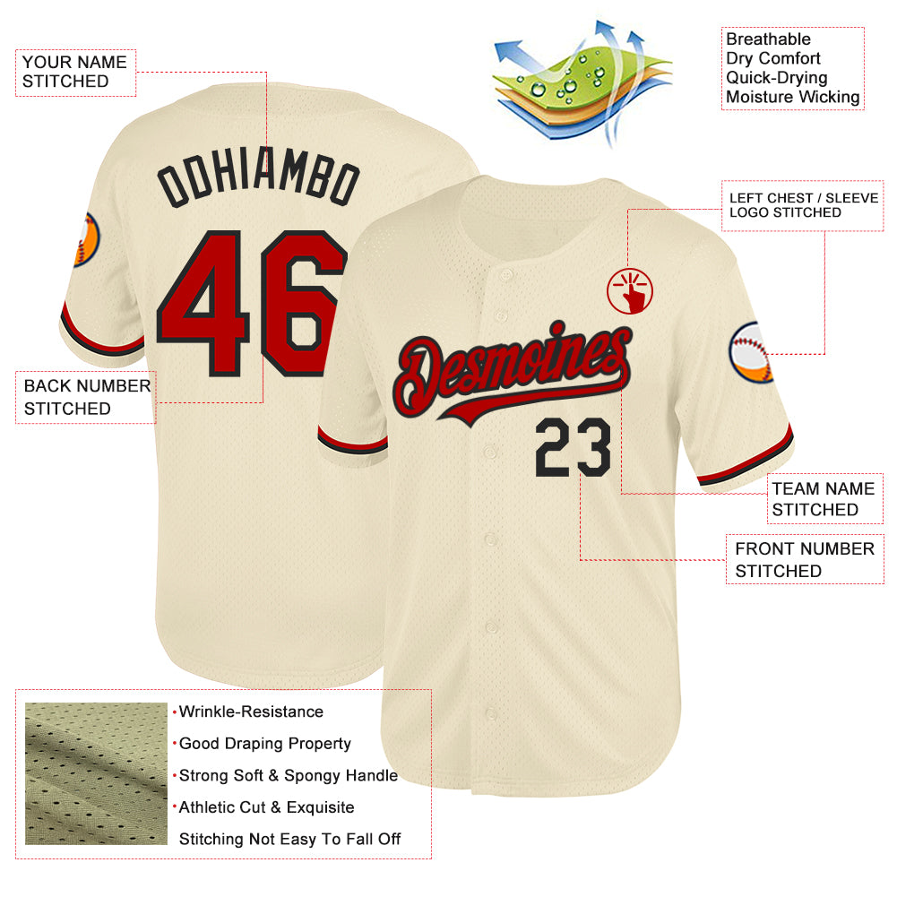 Personalized Cream Red-Black Mesh Authentic Throwback Baseball Jersey Custom Red and Black Cream Authentic Throwback Baseball Jersey Personalized Cream Red-Black Mesh Authentic Throwback Baseball - Image 3