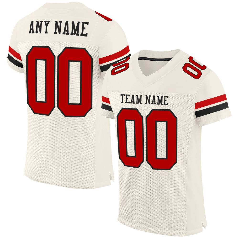 Personalized Red Black Mesh Football Jersey - Custom Cream Jersey for Fans Personalized Cream Red-Black Mesh Football Jersey