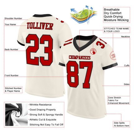 Personalized Red-Black Mesh Football Jersey for Men and Women, Custom Name and Number Personalized Cream Red-Black Mesh Football