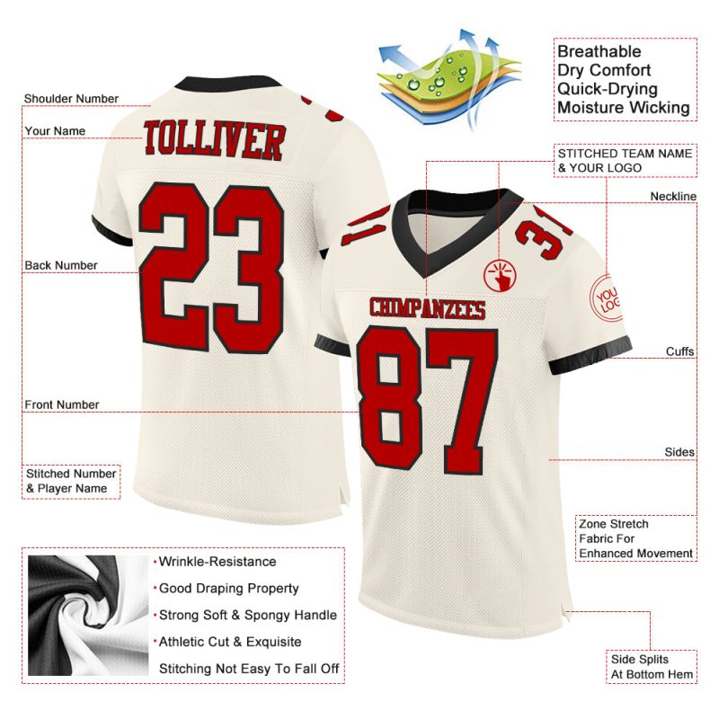 Personalized Red-Black Mesh Football Jersey for Men and Women, Custom Name and Number Personalized Cream Red-Black Mesh Football
