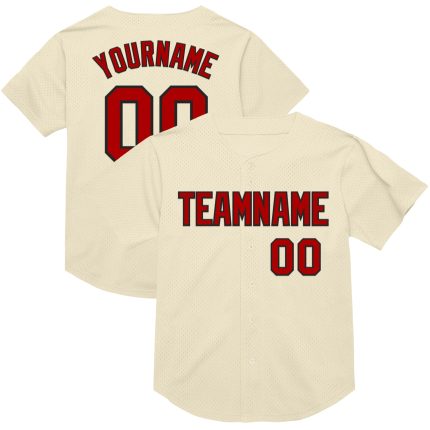Personalized Red-Black Cream Mesh Baseball Jersey for Men Adult Throwback 3 Personalized Cream Red-Black Mesh Throwback Baseball