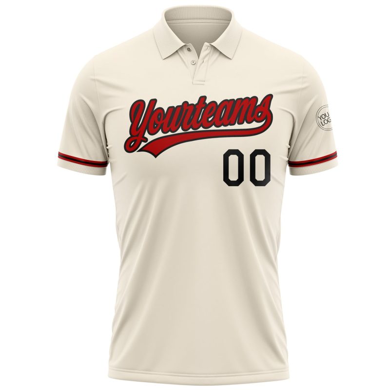 Personalized Red-Black Performance Golf Polo Shirt for Men - Cream Color - Style 2 Personalized Cream Red-Black Performance