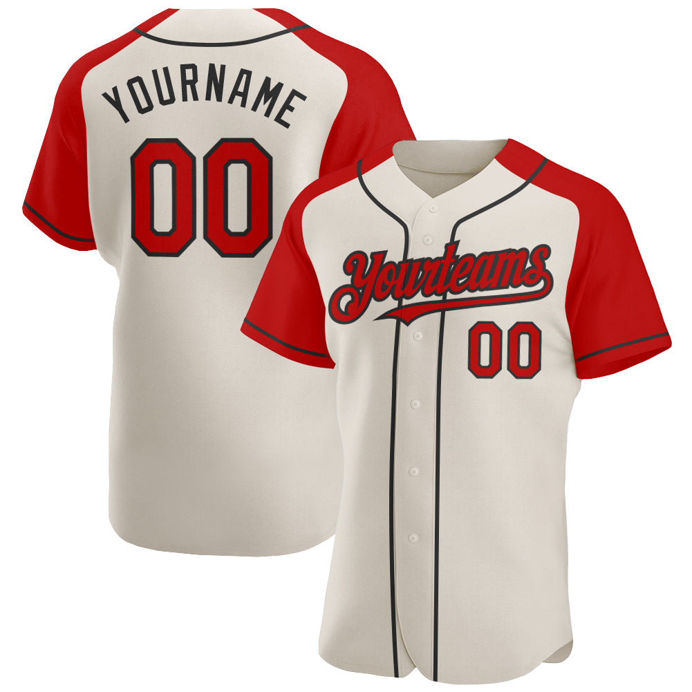 Personalized Red Black Cream Baseball Jersey with Raglan Sleeves Personalized Cream Red-Black Raglan Sleeves Baseball Jersey