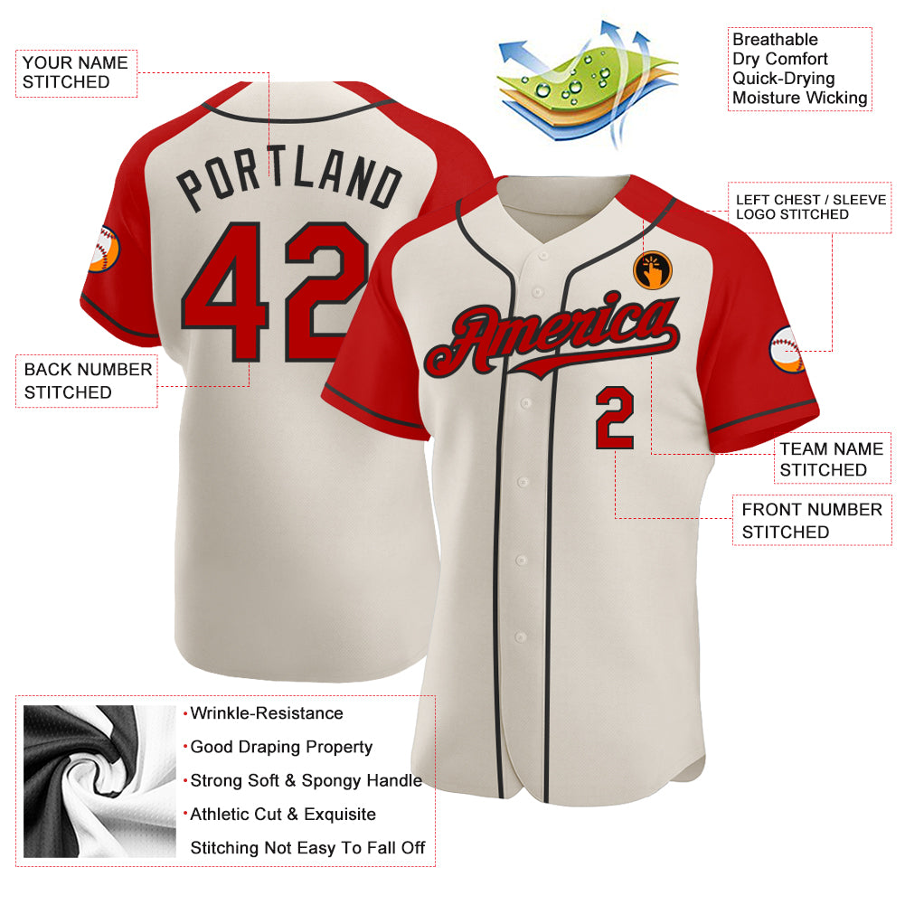 Personalized Red Black Cream Baseball Jersey with Raglan Sleeves Personalized Cream Red-Black Raglan Sleeves Baseball Jersey - Image 3