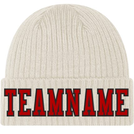 Personalized Knit Hat with Red and Black Stitching - Cuffed Beanie for Custom Style Personalized Cream Red-Black Stitched