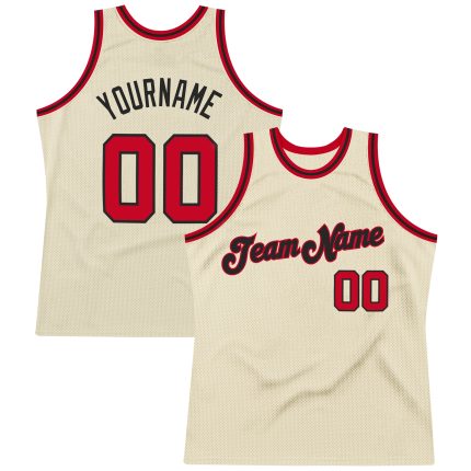 Personalized Red Black Throwback Basketball Jersey - Custom Cream Color Fit 2 Personalized Cream Red-Black Throwback Basketball