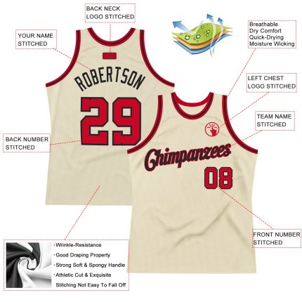 Personalized Red Black Throwback Basketball Jersey - Custom Cream Color Fit 2 Personalized Cream Red-Black Throwback Basketball