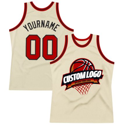 Personalized Red-Black Throwback Basketball Jersey - Custom Cream Design, Size 5 Personalized Cream Red-Black Throwback Basketball