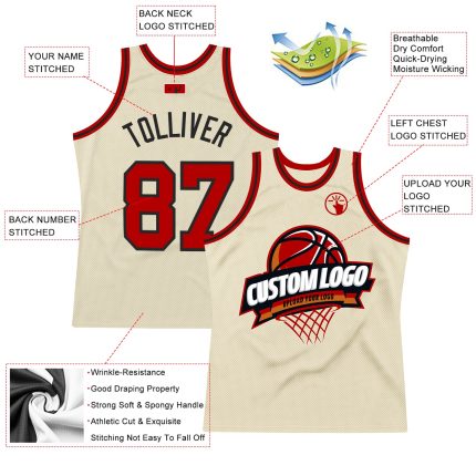 Personalized Red-Black Throwback Basketball Jersey - Custom Cream Design, Size 5 Personalized Cream Red-Black Throwback Basketball