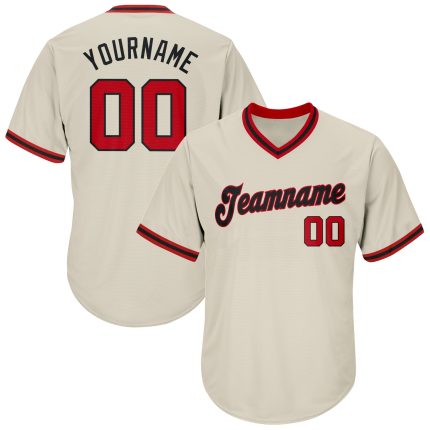 Personalized Red Black Rib-Knit Baseball Jersey Shirt - Throwback Style 2 Personalized Cream Red-Black Throwback Rib-Knit