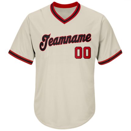 Personalized Red Black Rib-Knit Baseball Jersey Shirt - Throwback Style 2 Personalized Cream Red-Black Throwback Rib-Knit