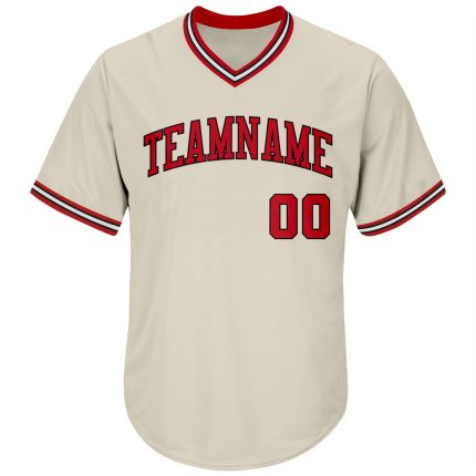 Personalized Red Black Throwback Baseball Jersey Shirt - Cream Rib-Knit Design Personalized Cream Red-Black Throwback Rib-Knit