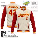 Custom Name Number Red-Gold Cream Two Tone Varsity Bomber Full-Snap Jacket - Personalized Letterman Jacket Personalized Cream