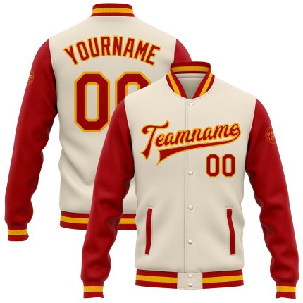 Personalized Red-Gold Two Tone Bomber Jacket Full-Snap Varsity Letterman Personalized Cream Red-Gold Bomber Full-Snap Varsity