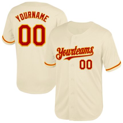 Personalized Red-Gold Mesh Authentic Throwback Baseball Jersey - Custom Cream Jersey Personalized Cream Red-Gold Mesh Authentic