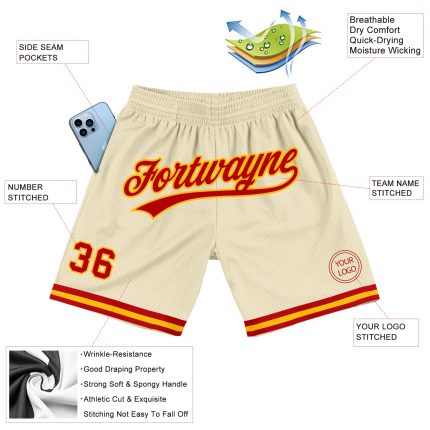 Personalized Red-Gold Cream Basketball Shorts for Men - Custom Throwback Style Personalized Cream Red-Gold Throwback Basketball