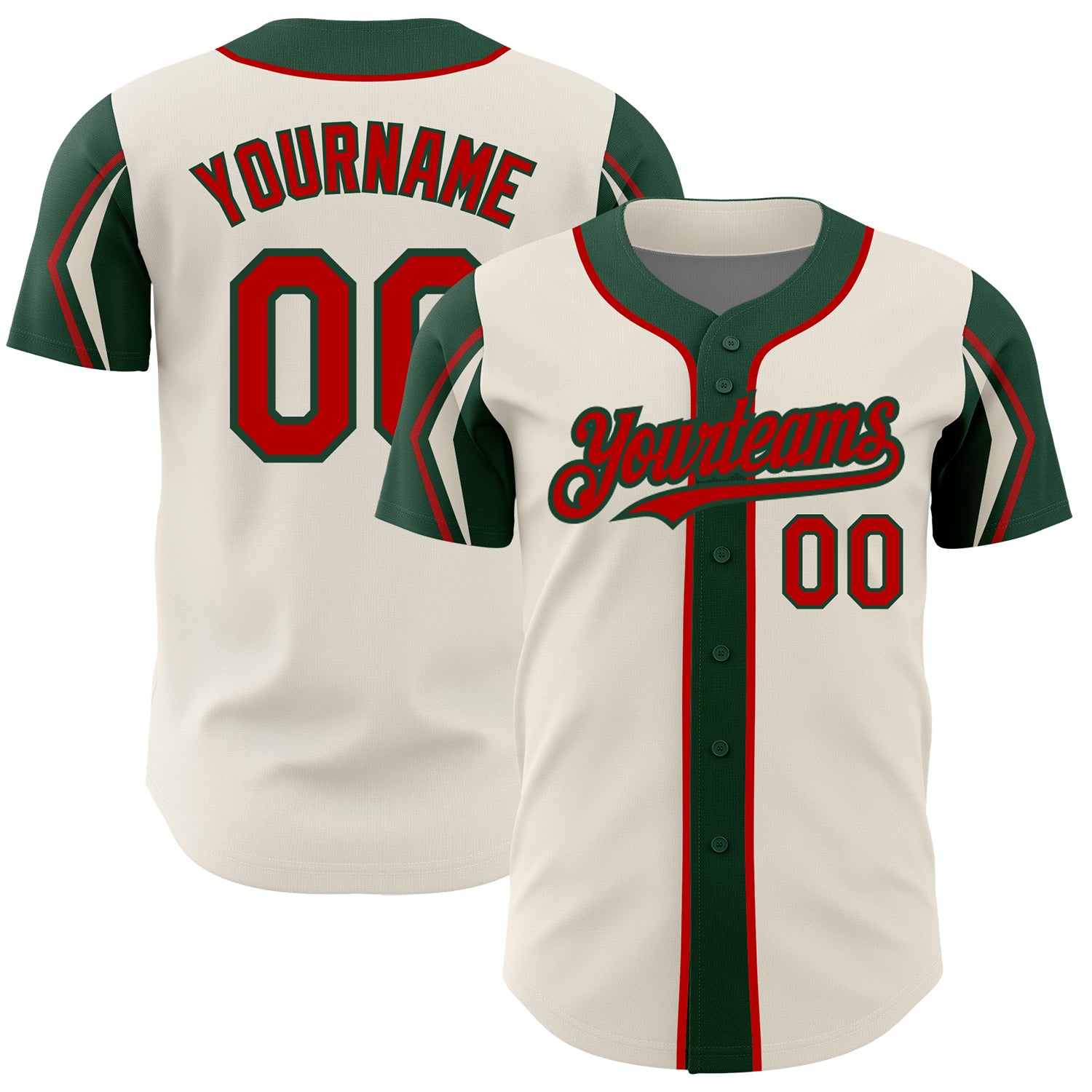 Personalized Baseball Jersey in Cream Red Green - Custom 3 Colors Arm Shapes Personalized Cream Red-Green 3 Colors Arm Shapes