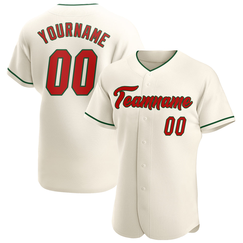 Custom Name and Number Authentic Baseball Jersey | Personalized Red-Green Team Jersey Personalized Cream Red-Green Authentic