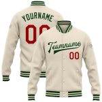 Custom Name Number Varsity Letterman Jacket Personalized Cream Red Green Bomber Full-Snap Personalized Cream Red-Green Bomber