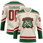 Custom Name and Number Hockey Jersey - Personalized Cream Red-Green Lace Neck Team Apparel Personalized Cream Red-Green Hockey