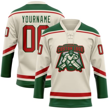 Custom Name and Number Hockey Jersey - Personalized Cream Red-Green Lace Neck Team Apparel Personalized Cream Red-Green Hockey