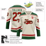 Custom Name and Number Hockey Jersey - Personalized Cream Red-Green Lace Neck Team Apparel Personalized Cream Red-Green Hockey