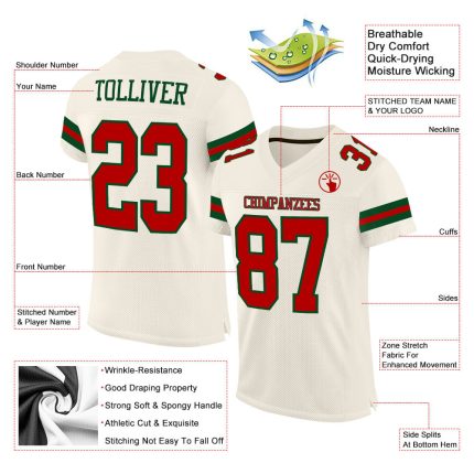 Custom Red-Green Mesh Football Jersey for Men | Personalized Sports Apparel Personalized Cream Red-Green Mesh Football Jersey