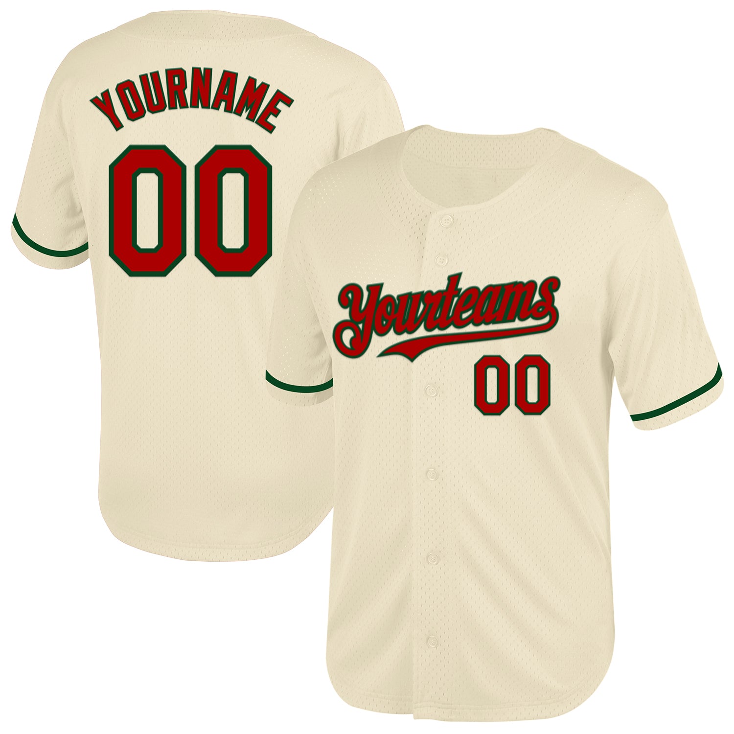 Personalized Red-Green Cream Baseball Jersey - Throwback Mesh Style Personalized Cream Red-Green Mesh Throwback Baseball