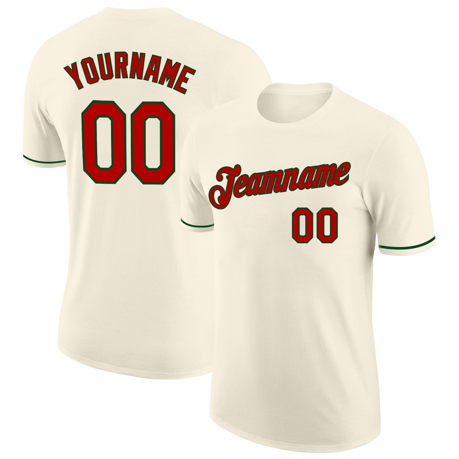 Custom Personalized Team T-Shirt with Name and Number in Cream Red-Green Performance Fabric Personalized Cream Red-Green