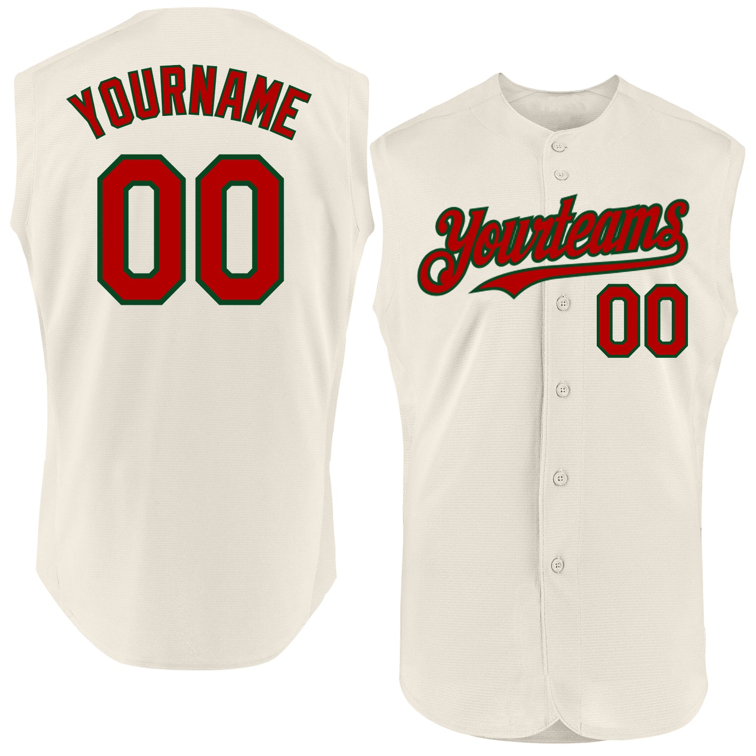 Personalized Sleeveless Baseball Jersey in Cream with Red and Green Accents - Custom Team Uniform Personalized Cream Red-Green