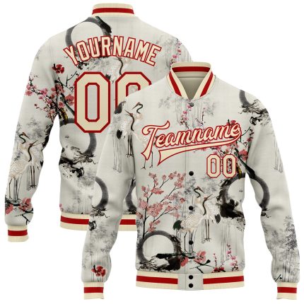 Personalized 3D Red Heron Flower Varsity Bomber Letterman Jacket - Custom Full-Snap Design Personalized Cream Red Heron And