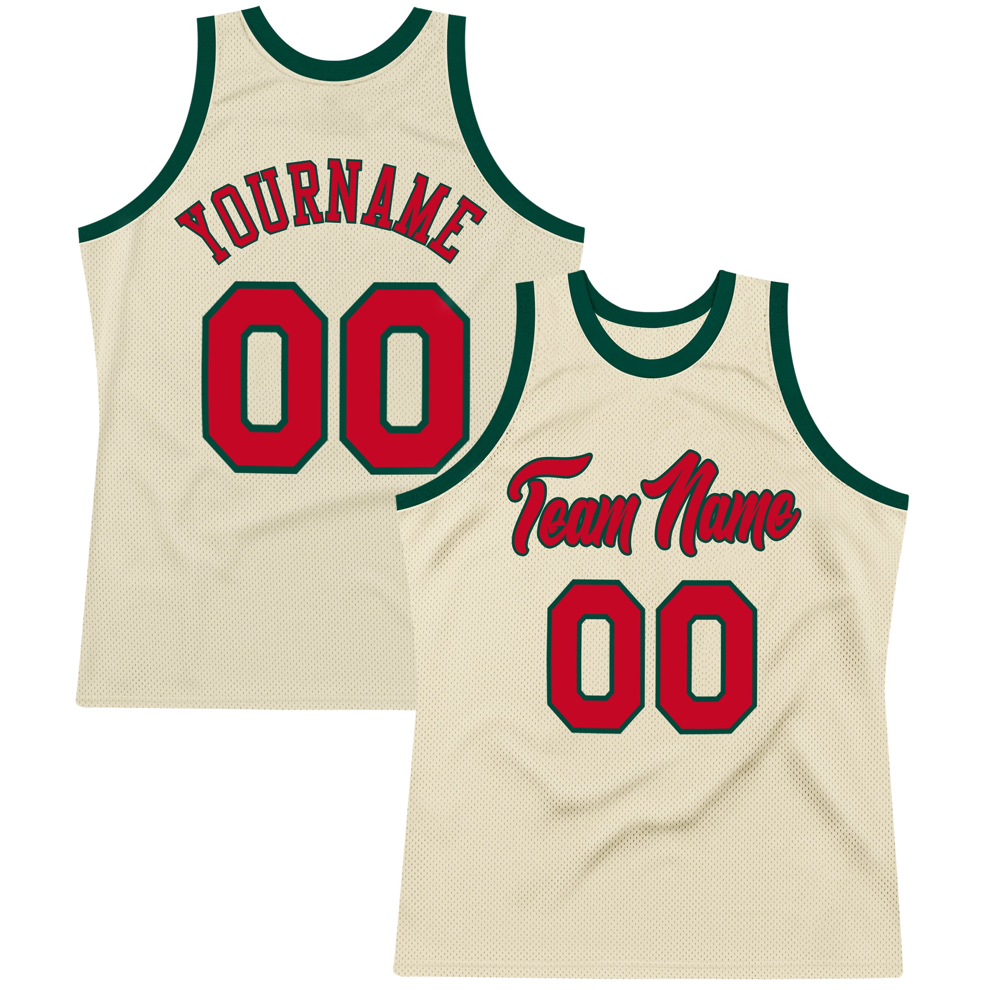 Personalized Red-Hunter Green Basketball Jersey - Custom Cream Throwback Jersey Personalized Cream Red-Hunter Green Throwback